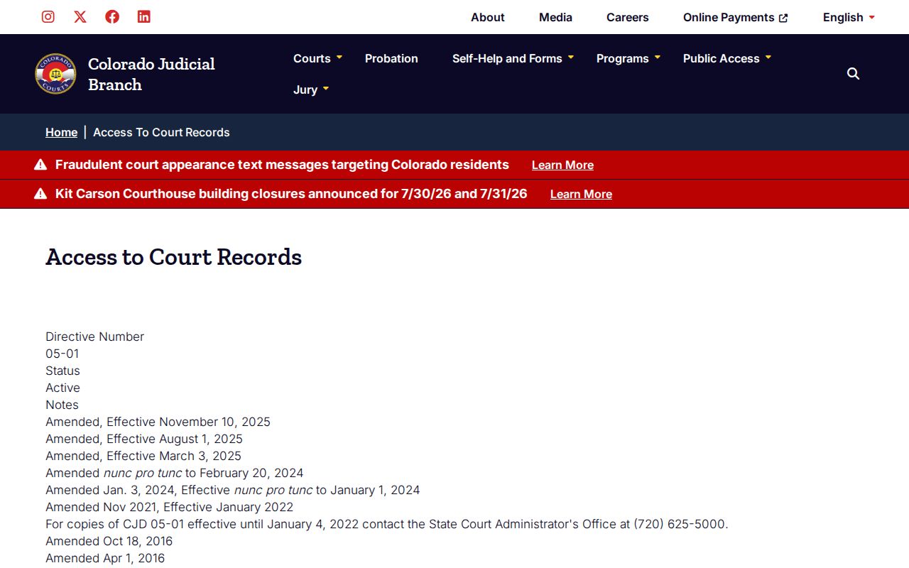 Larimer County court records Chief Justice Directive access page