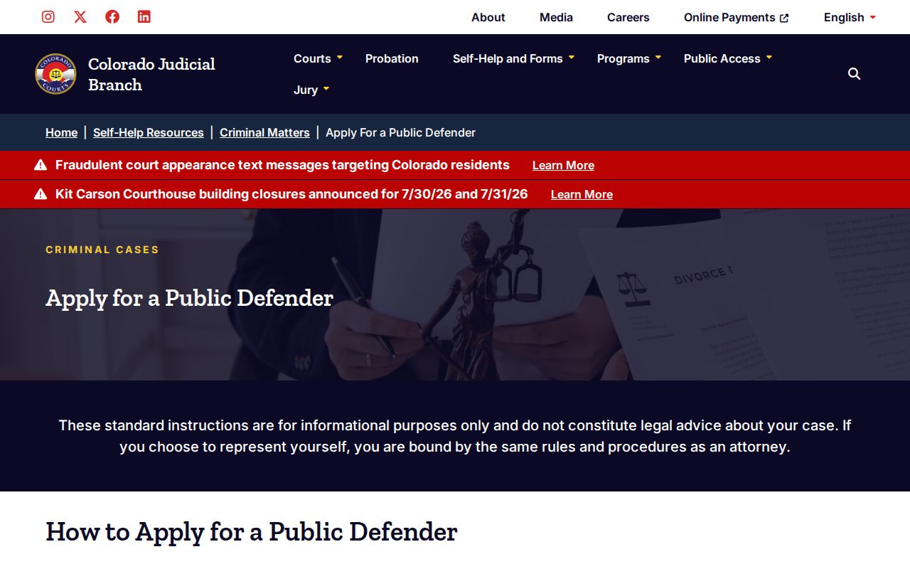 Larimer County criminal court records public defender application page