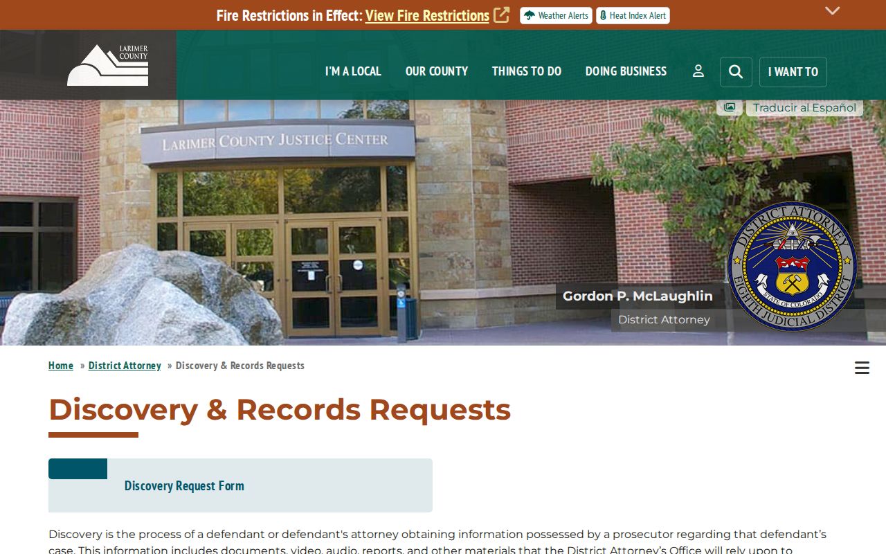 Larimer County criminal court records DA discovery and records page