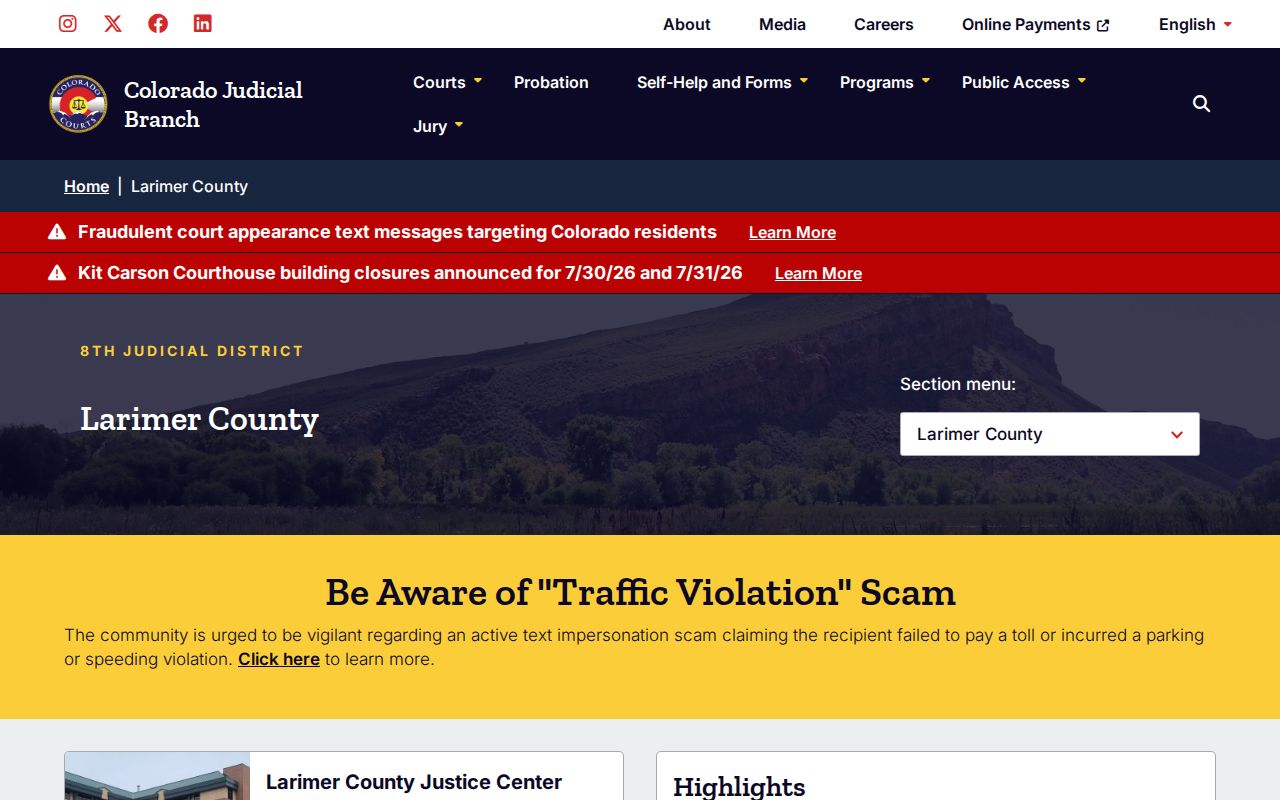 Larimer County court records 8th Judicial District page