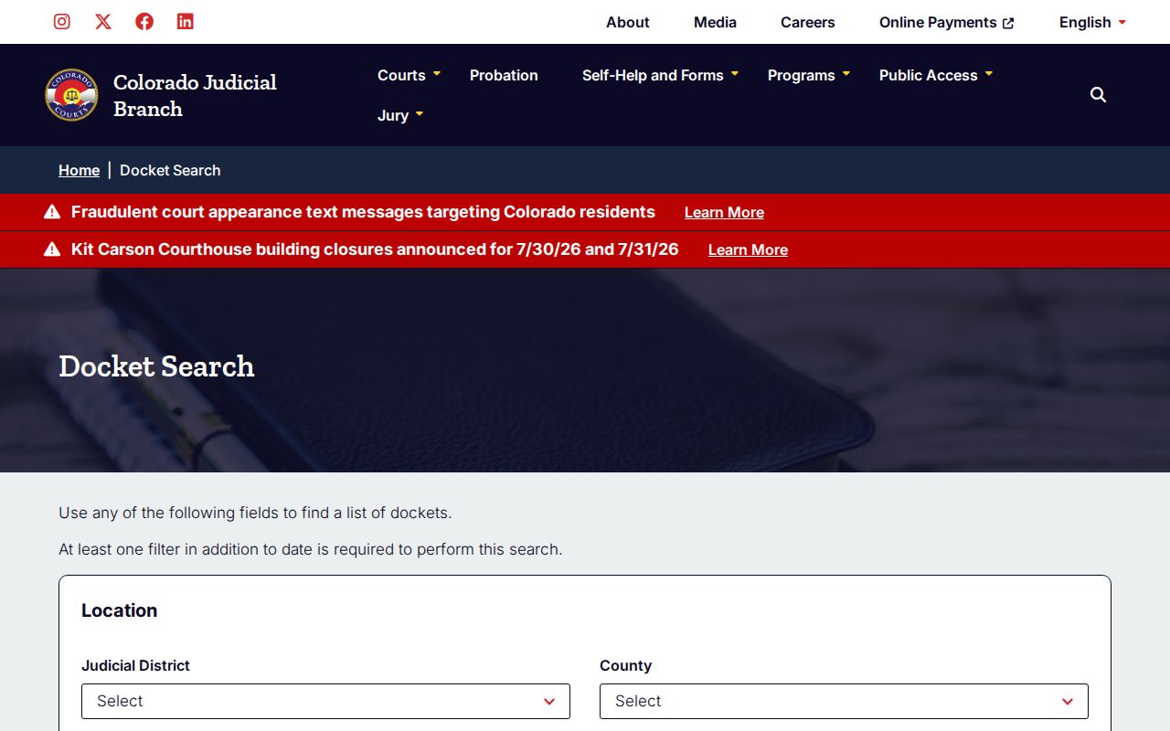 Larimer County court records docket search page