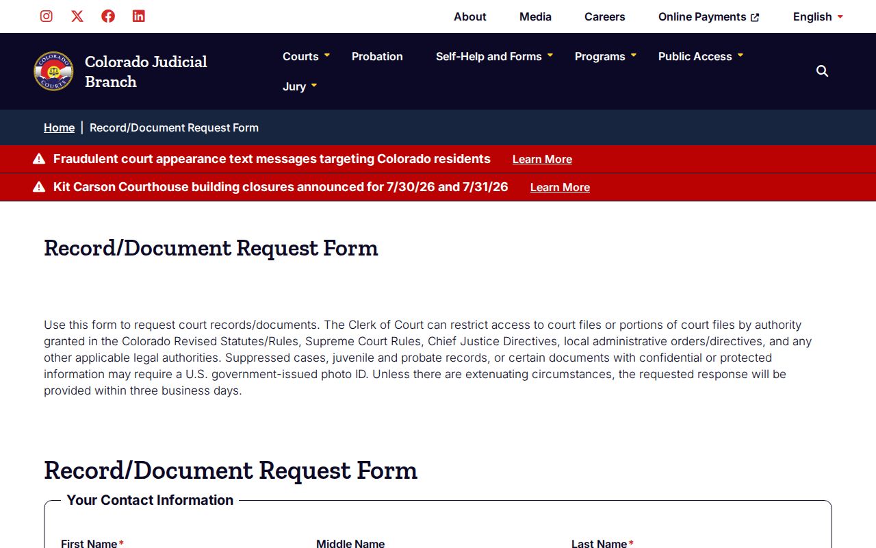 Larimer County court records document request form