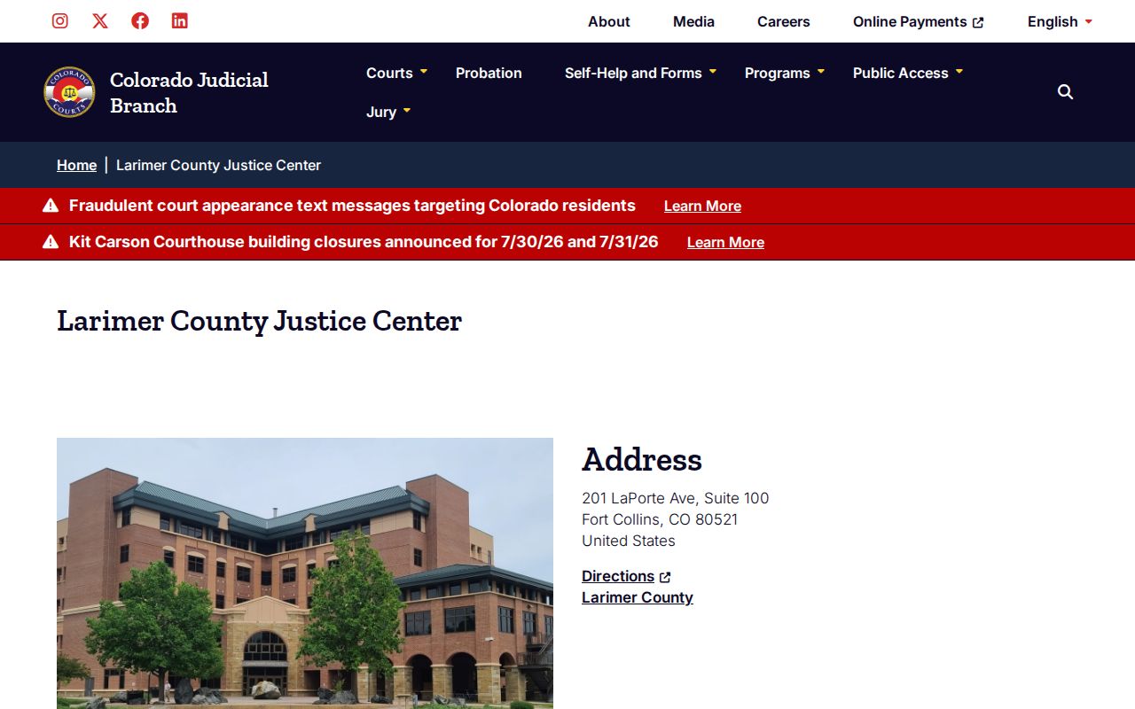 Larimer County court records Justice Center location page