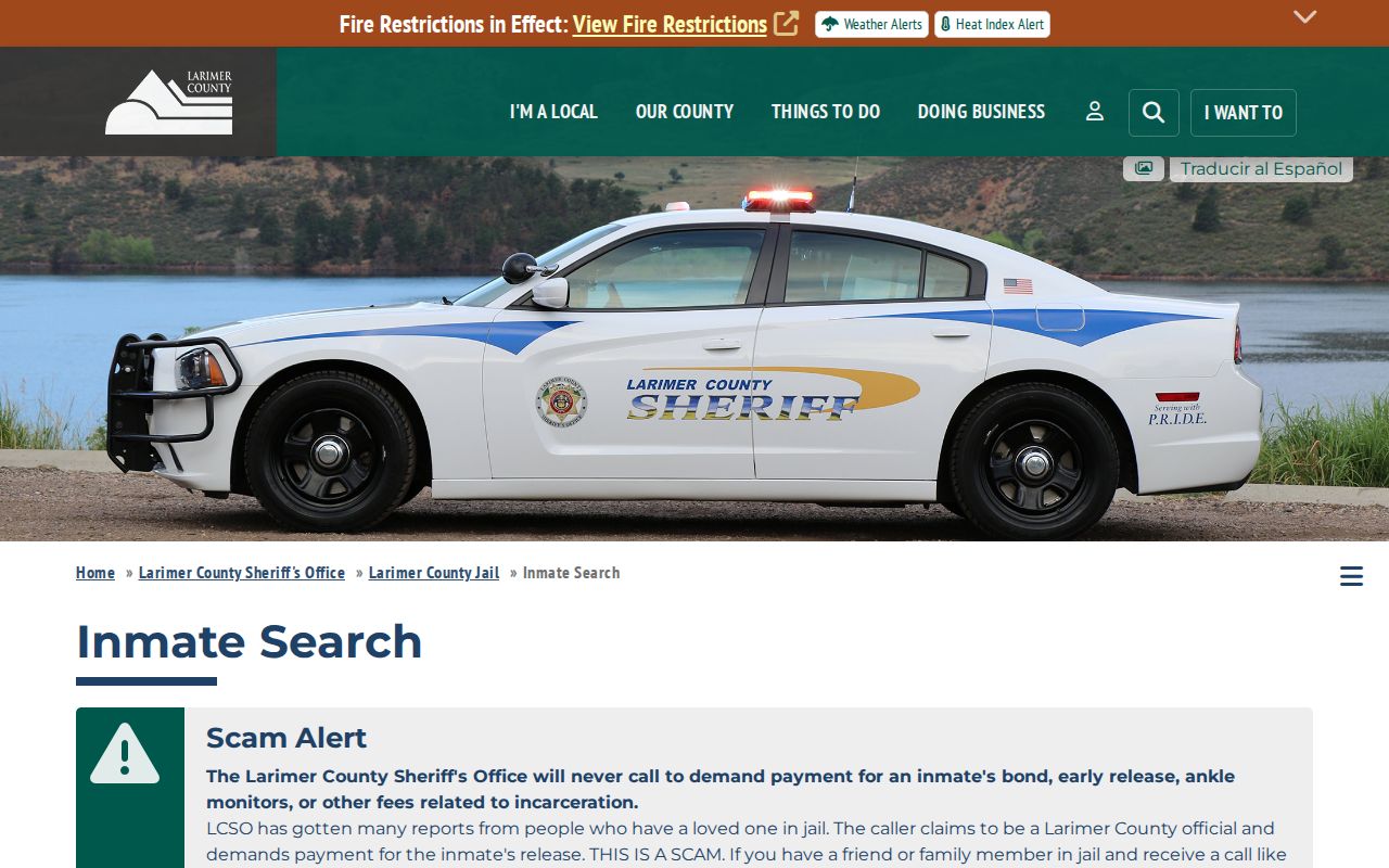 Larimer County inmate search profile fields and roster results