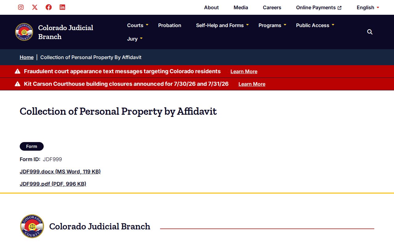 Larimer County probate records Colorado small estate affidavit source