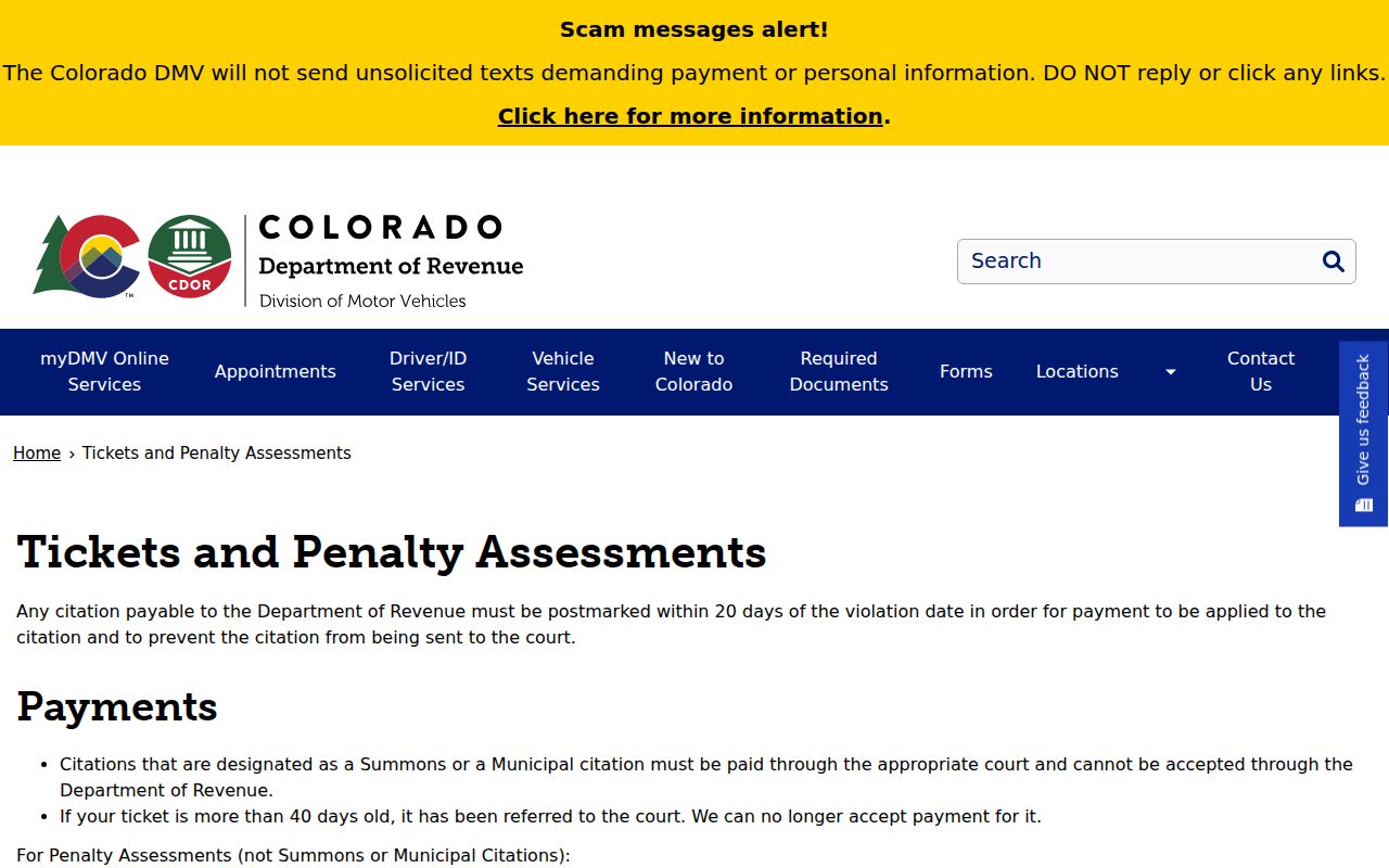 Larimer County traffic court records Colorado DMV tickets and penalty assessments source