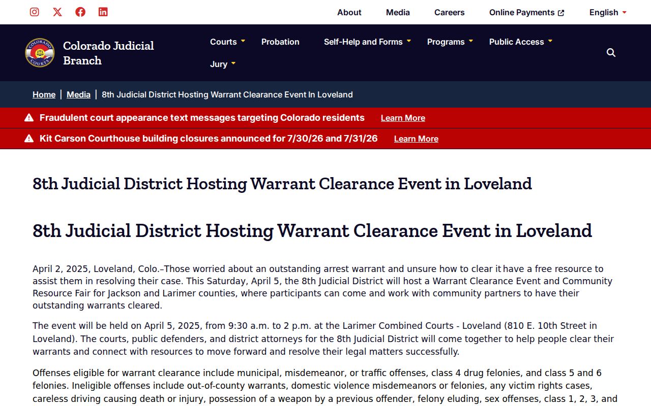 Larimer County warrant clearance event records for the 8th Judicial District