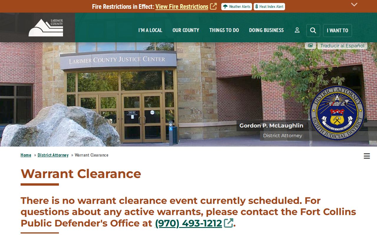 Larimer County warrant clearance status from the District Attorney